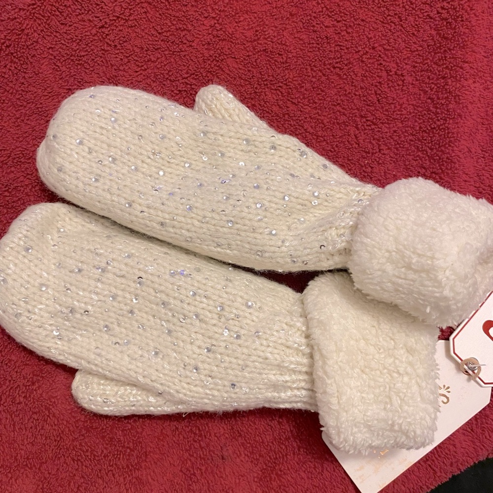 NEW Beautiful mittens with silver stones & sequins fur inside & out+A-Headband